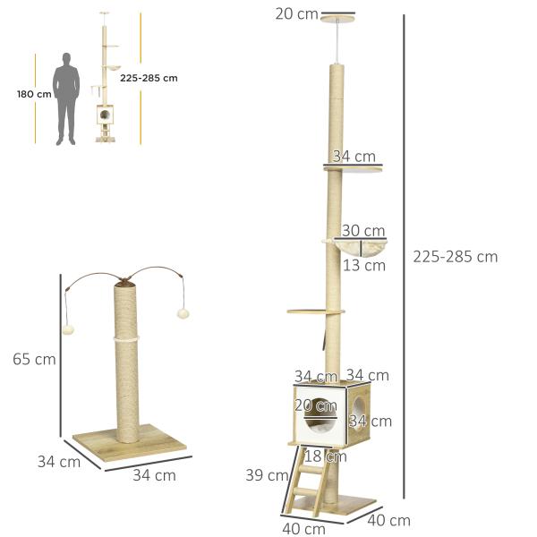 Árvore para Gatos do Chão ao Teto 220 - 260cm com Altura Ajustável Plataformas Rede Caverna Poste de Juta 40x40225 - 285cm Bege