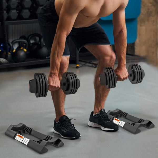 Halteres Ajustáveis 4 em 1 2x10 kg com Ajuste Rápido do Peso, Base de Armazenamento e Pega Antiderrapante para Treino em Casa