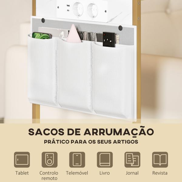 Mesa Auxiliar com Estação de Carga Mesa Lateral com 2 Entradas USB 1 Entrada USB - C e Bolsa Organizadora 25,5x40x71 cm Branco