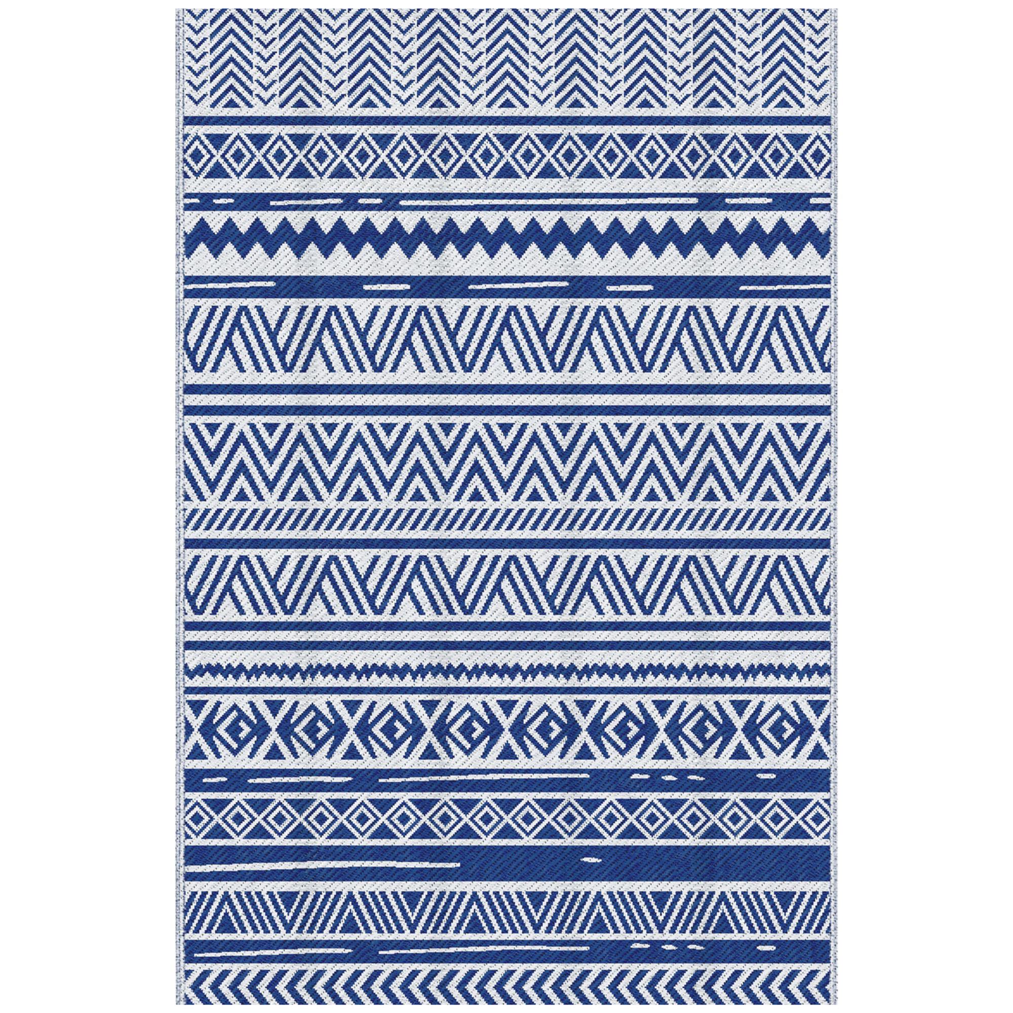 Tapete de Exterior 182x274 cm Tapete Reversível Estilo Moderno para Varanda Pátio Campismo Praia Azul Escuro e Branco