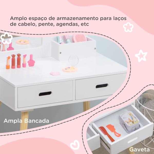 Toucador Infantil de Madeira com Banco Espelho e 2 Gavetas Brinquedo Educativo para Crianças de 3 - 6 Anos 60x40x95cm Branco