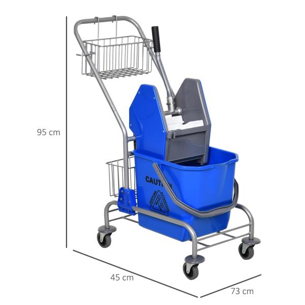 Carro de Limpeza Balde para Esfregona com Escorredor a Pressão Rodas e Cesto de Armazenamento Capacidade 26L 73x45x95 cm Azul