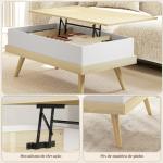 Mesa de Centro Elevatória com 3 Compartimentos de Armazenamento Ocultos e Pés de Madeira 100x79x54 cm Madeira e Branco