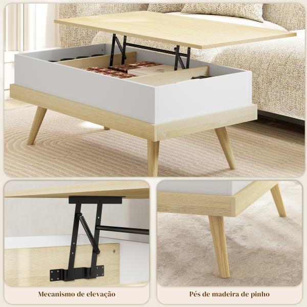 Mesa de Centro Elevatória com 3 Compartimentos de Armazenamento Ocultos e Pés de Madeira 100x79x54 cm Madeira e Branco