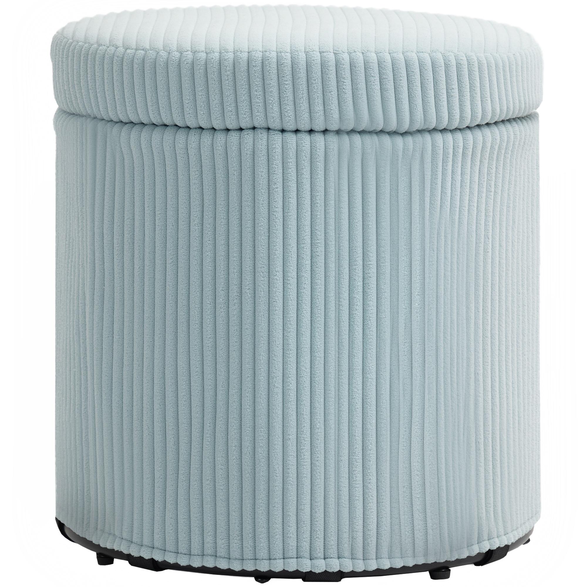 Puff de Arrumação Baú de Arrumação Redondo Estofado em Veludo Cotelê Tampa Removível Ø40x41 cm Azul Claro