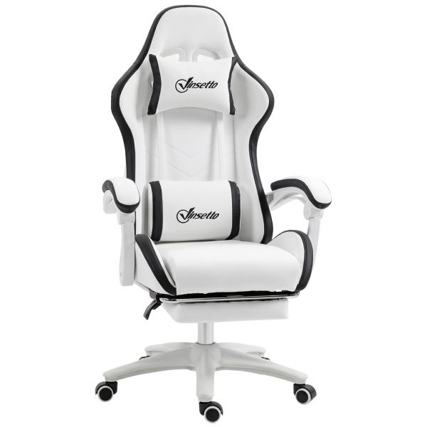 Cadeira Gaming de Couro PU com Altura Ajustável Reclinável 135° e Apoio para os Pés Retrátil 65x65x121 - 129 cm Branco e Preto