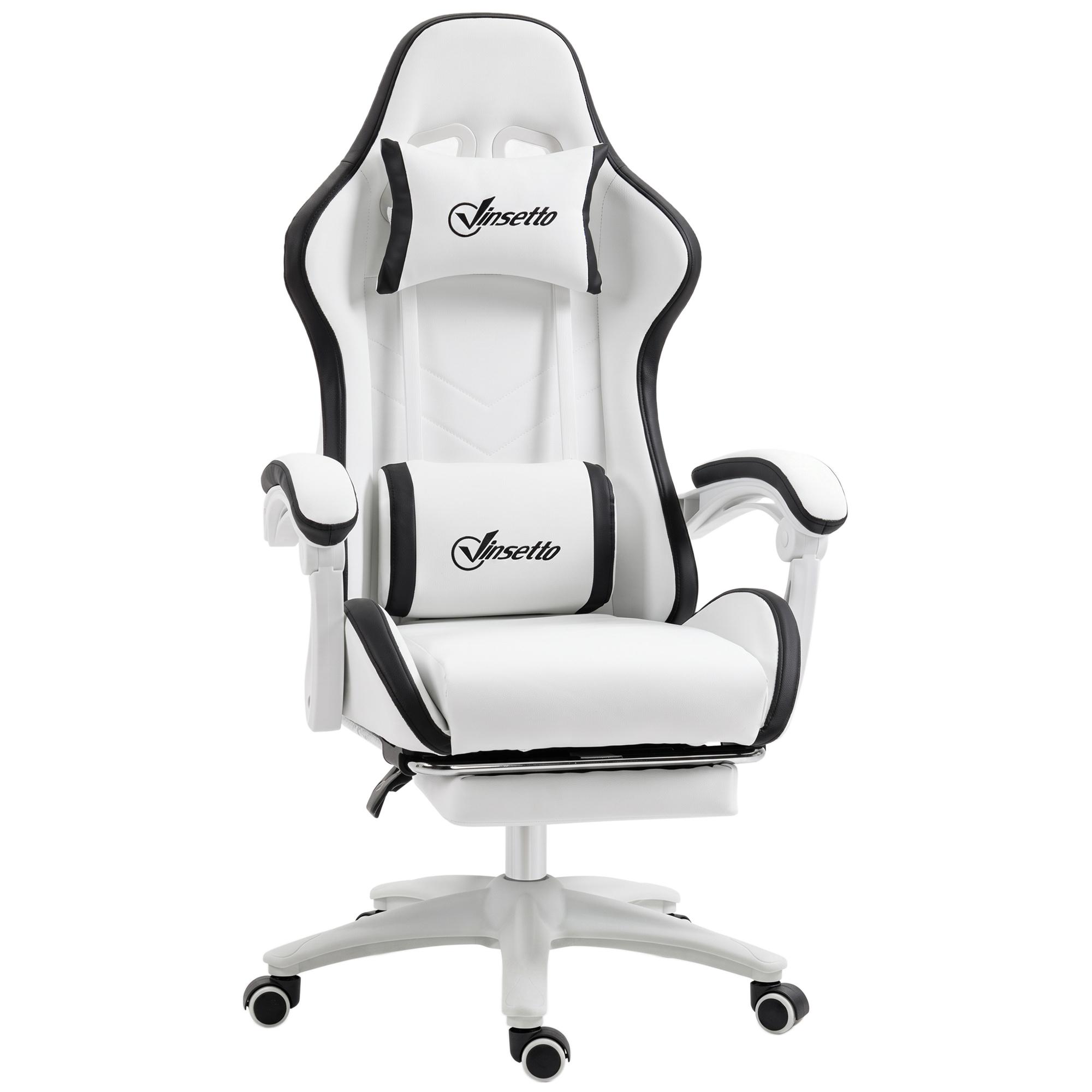 Cadeira Gaming de Couro PU com Altura Ajustável Reclinável 135° e Apoio para os Pés Retrátil 65x65x121 - 129 cm Branco e Preto