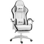Cadeira Gaming de Couro PU com Altura Ajustável Reclinável 135° e Apoio para os Pés Retrátil 65x65x121 - 129 cm Branco e Preto