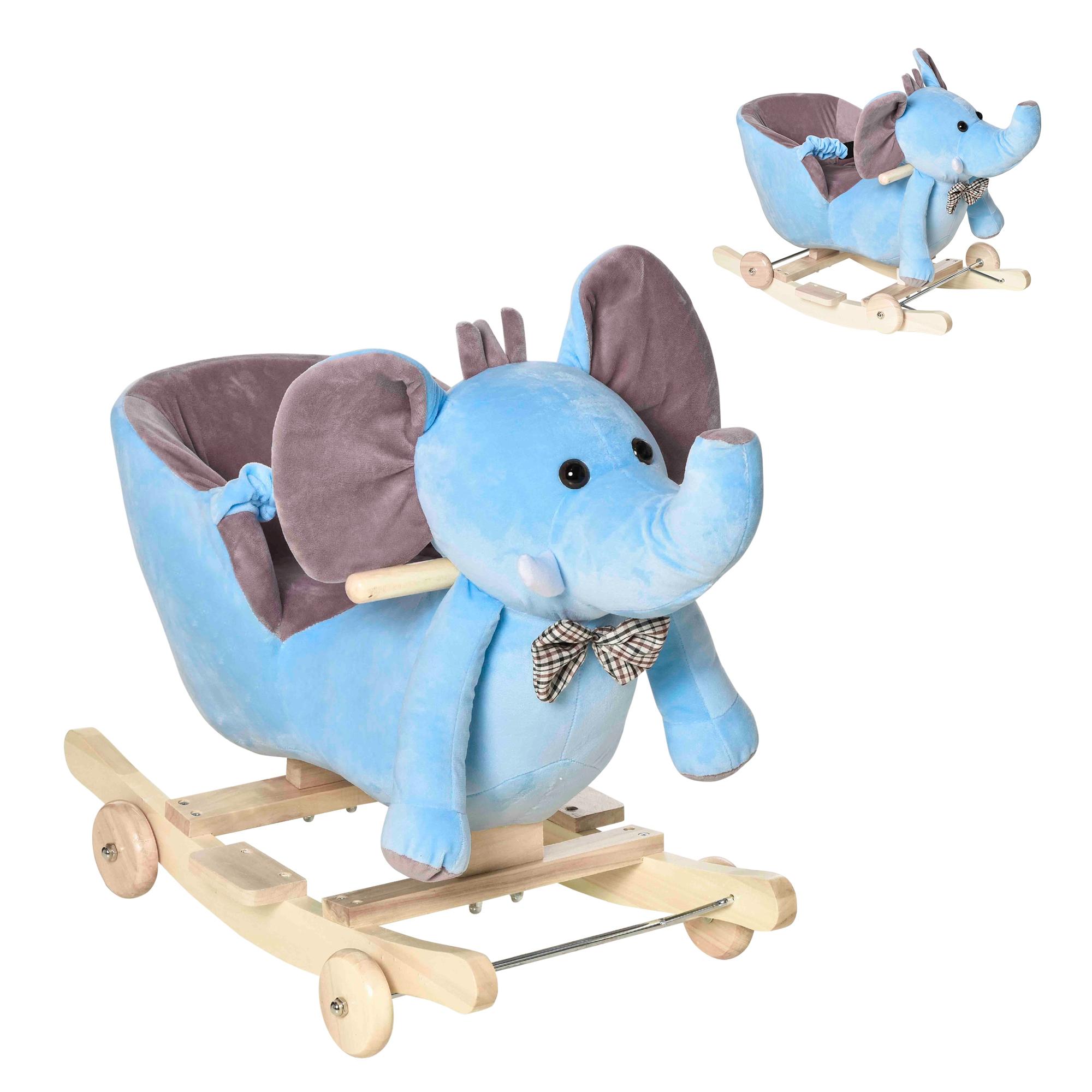 Cavalo Baloiço com Rodas e Forma de Elefante com Músicas Infantis e Cinto de Segurança 60x35x45 cm Azul