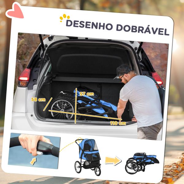 Carrinho para Cães Dobrável para Cães Médios e Pequenos com Cesta de Armazenamento Capota Ajustável 111x58x107 cm Azul