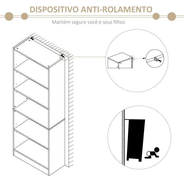 Estante para Livros de 5 Níveis com Prateleira Ajustável e Desenho Anti - Tombo Estante de Armazenamento 63x29,5x176 cm Madeira
