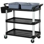 Carrinho de Limpeza com Rodas com 3 Prateleiras 2 Contentores e Balde Lateral Suspenso Carga 100 kg Preto.
