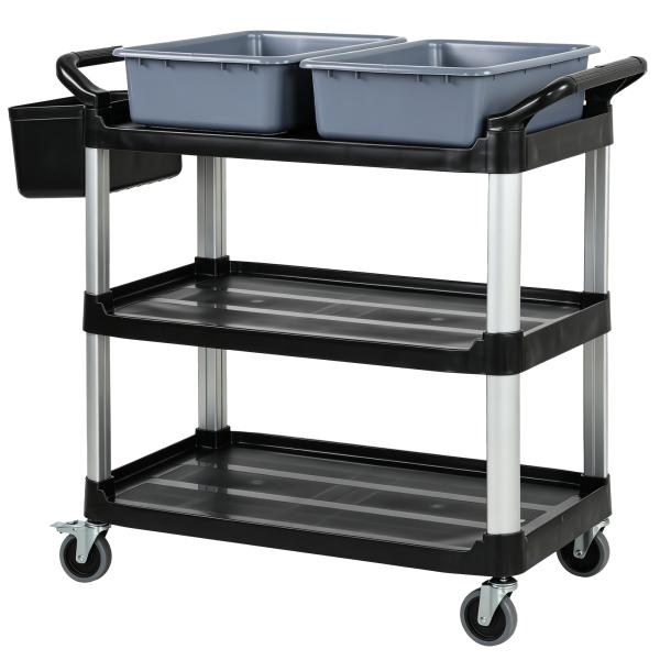 Carrinho de Limpeza com Rodas com 3 Prateleiras 2 Contentores e Balde Lateral Suspenso Carga 100 kg Preto.