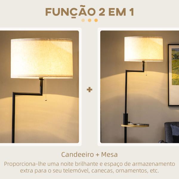 Candeeiro de Pé com Mesa Auxiliar Lâmpada E27 Máx. 40W Ecrã de Linho Interruptor de Corrente e Carregador USB Ø40x168cm Preto e Madeira