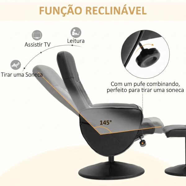 Poltrona Relax com Apoio para os Pés Estofada em PU Poltrona Relax Reclinável até 145° e Giratório 360° com Encosto Ajustável para Sala de Estar Dormitório Escritório 81x81x105cm Preto
