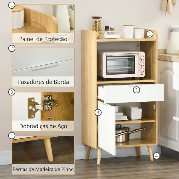 Armário para Micro - ondas em Estilo Escandinavo com Armário, Gaveta e Prateleira Ajustável, 58x40x118 cm, Natural e Branco