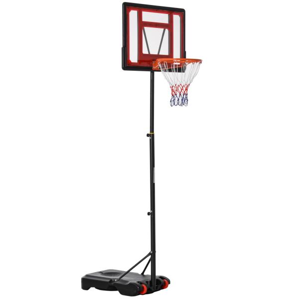 Tabela de Basquetebol Ajustável de 160 - 210cm Aro de Basquetebol com Suporte de Aço Base Recarregável 2 Rodas para Crianças e Adultos 75x83x261cm Vermelho e Preto