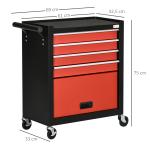 Carro de Ferramentas Móvel com Rodas 4 Gavetas Compartimento de Armazenamento e Alça Lateral 69x33x75cm Preto e Vermelho