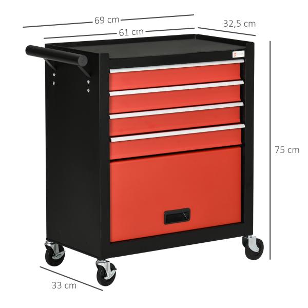 Carro de Ferramentas Móvel com Rodas 4 Gavetas Compartimento de Armazenamento e Alça Lateral 69x33x75cm Preto e Vermelho