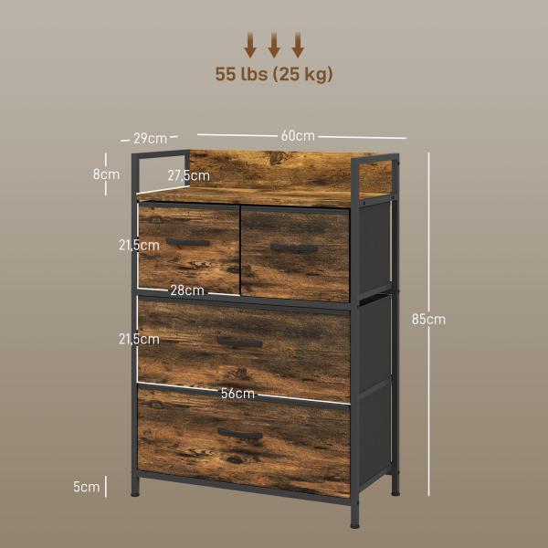 Cómoda de Quarto com 4 Gavetas Dobráveis Prateleira Aberta e Estrutura de Aço para Sala Entrada 60x29x85 cm Castanho Rústico