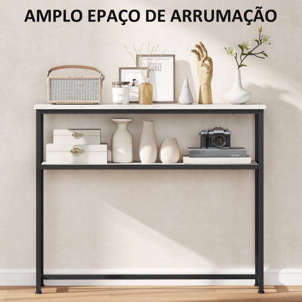 Mesa Consola Moderna Consola Estreita com Superfície com Efeito Mármore Prateleira Aberta e Estrutura de Metal 100x30x81 cm Branco