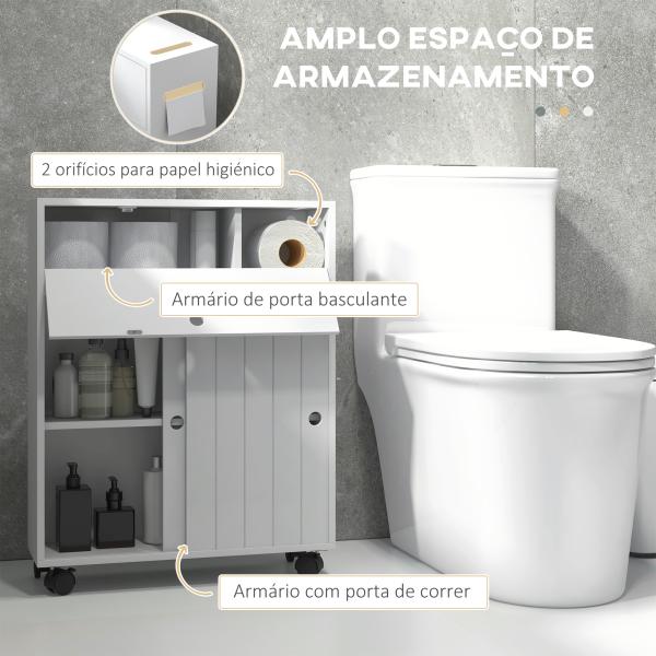 Armário Auxiliar Casa de Banho com 4 Rodas 2 Compartimentos para Papel Higiénico Armário e Prateleiras Ajustáveis 52x17x67 cm Branco