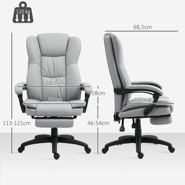 Cadeira de Escritório com Altura Ajustável 6 Pontos de Massagem e Apoio para os Pés Retrátil 68,5x68,5x113 - 121 cm Cinza