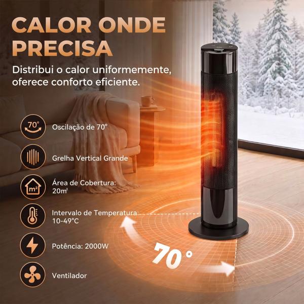Aquecedor Elétrico Cerâmico PTC 2000W com 5 Modos, App Wi‑Fi, Chama 3D, Comando e Proteção contra Sobreaquecimento - Preto