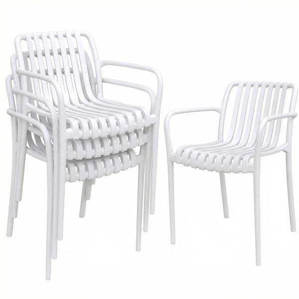 Conjunto de 4 Cadeiras de Jardim Exterior Empilháveis de PP com Encosto Curvado Assento com Ripas 55x58,5x81,5 cm Branco