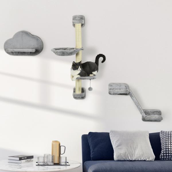 Conjunto de Prateleiras de Escalada para Gatos de 3 Peças com Rede Rampa Arranhador Plataforma em Forma de Nuvem para Saltar Cinzento