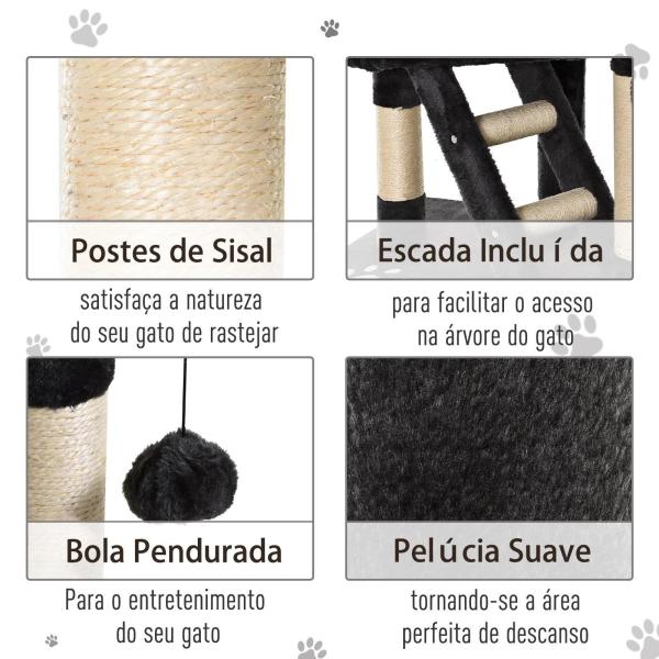 Árvore arranhador para Gatos com Altura Ajustável Plataformas Múltiplas Caverna Cestas e Escadas em Sisal Natural e Pelúcia 60x45x240 - 260 cm Cinza Escuro
