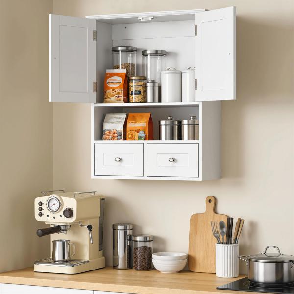 Armário de Parede para Casa de Banho com 2 Portas Prateleira Aberta e 2 Gavetas Estilo Moderno 50,8x17,8x66 cm Branco