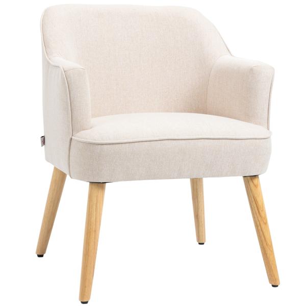 Poltrona Estilo Nórdico Estofada em Linho com Pés de Madeira para Dormitório Escritório Estúdio 64,5x65x79,5 cm Creme