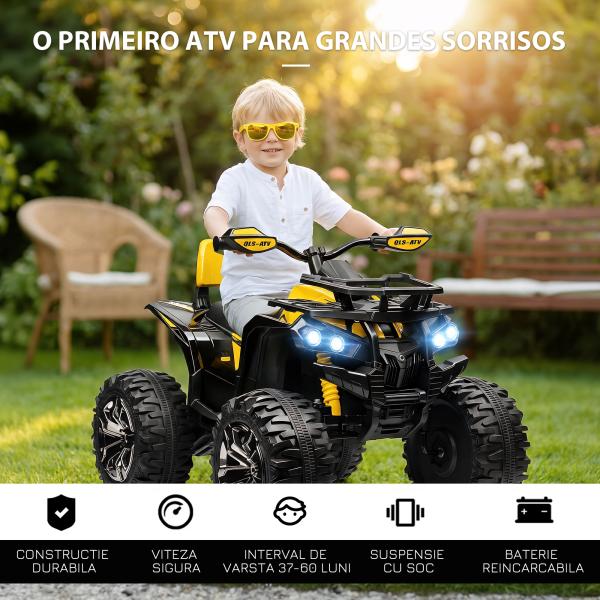 Quadriciclo Elétrico 12V com Farol Música Pneus Suspensão Botões Avance Retrocesso 3 - 5 Anos Amarelo 100x65x73cm
