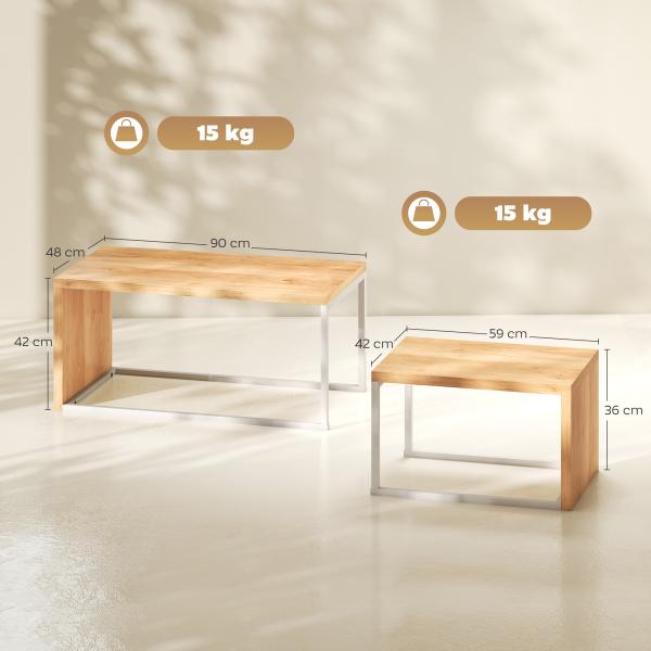 Conjunto de 2 Mesas de Centro com Pés de Metal Estilo Industrial 90x48x42 cm e 59x42x36 cm Branco e Madeira