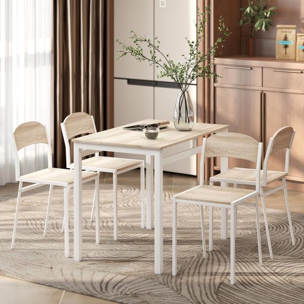 Conjunto de Mesa e Cadeiras de Refeição Mesa de Cozinha Retangular com 4 Cadeiras Estilo Moderno Carvalho e Branco