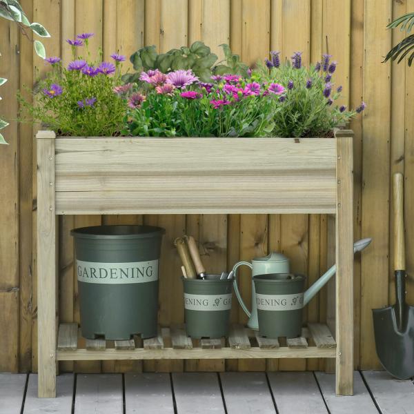 Horta Urbana de Madeira com Prateleira Mesa de Cultivo Retangular com Orifícios de Drenagem para Cultivos Plantas Jardim Terraço Exterior Carga 80 kg 91x51x76 cm Natural
