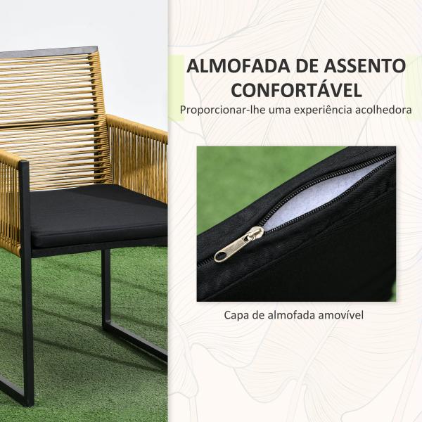 Conjunto de 3 Peças de Jardim com 2 Cadeiras de Vime com Encosto Dobrável e Almofadas e Mesa de Vidro Natural e Preto