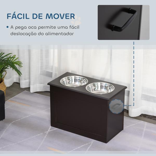 Comedouro Elevado para Cães com 2 Tigelas de Aço Inoxidável e Espaço de Armazenamento Oculto 60x30x41 cm Castanho Escuro