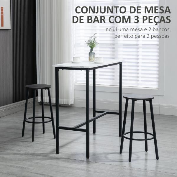 Conjunto de Mesa Alta com 2 Bancos Redondos com Estrutura de Aço Estilo Moderno para Cozinha Sala de Estar Branco e Preto