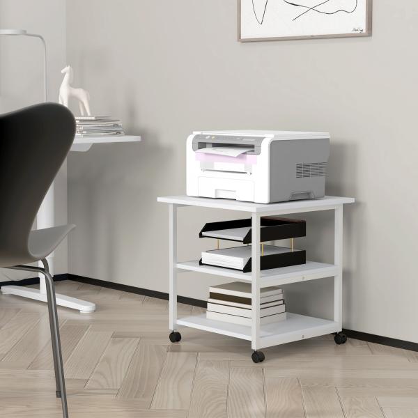 Suporte para Impressora de 3 Níveis com Rodas e Prateleiras de Arrumação 50x50x52,5 cm Branco