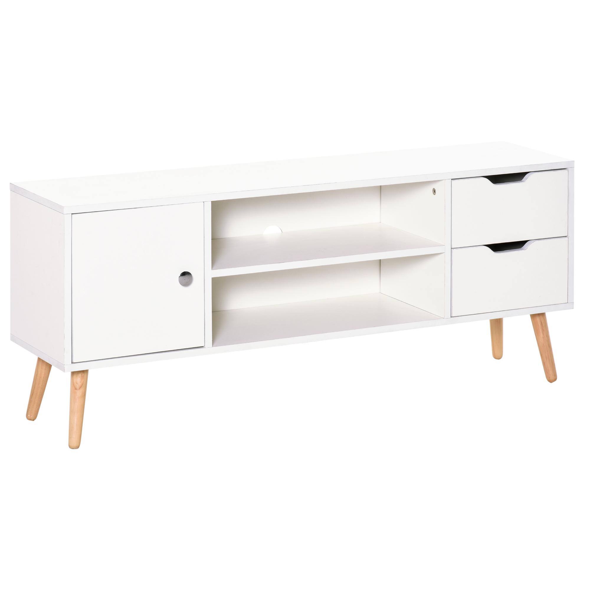 Armário de TV Grande armazenamento com armário prateleiras e gavetas abertas Carga 30 kg 120x28x44 cm Branco