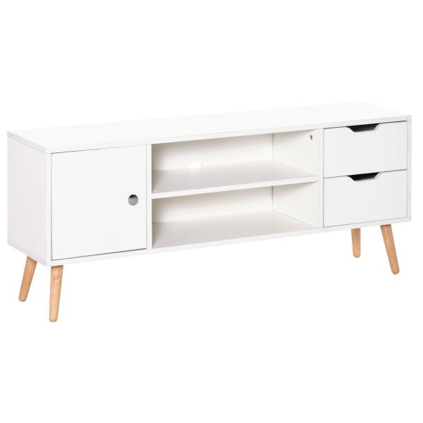 Armário de TV Grande armazenamento com armário prateleiras e gavetas abertas Carga 30 kg 120x28x44 cm Branco