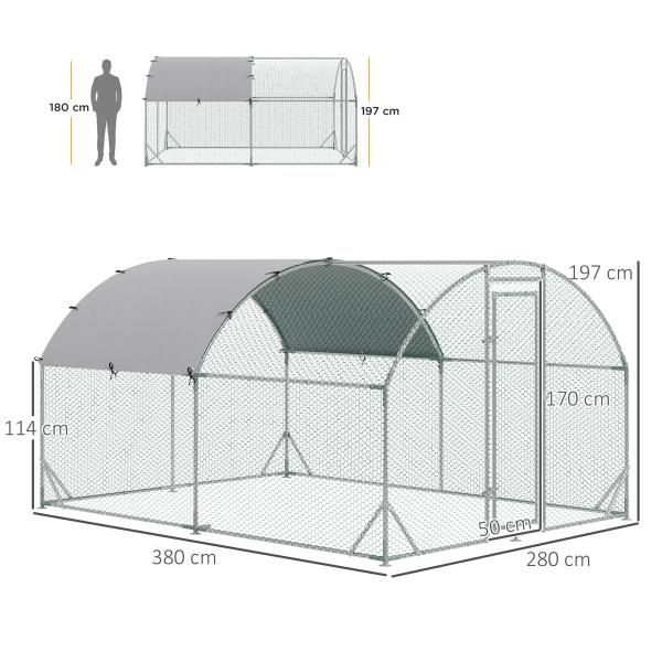 Galinheiro para Exterior para 6 - 12 Galinhas de Aço Galvanizado com Teto de Tecido Oxford 2,8x3,8x1,97m Prata