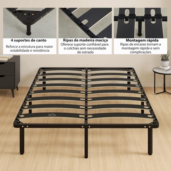 Estrutura 140x190 cm Estrado de Cama de Plataforma de Aço com Ripas de Álamo Fácil de Montar Carga 350 kg Preto