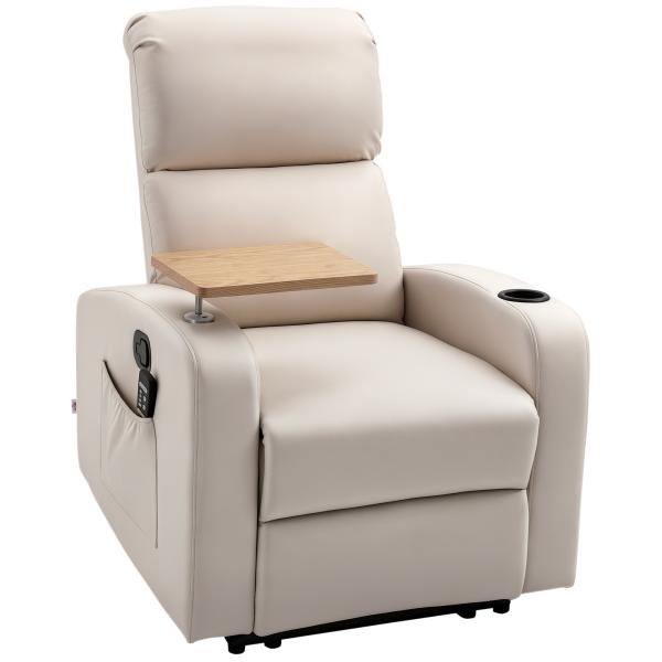 Poltrona de Massagem Poltrona Relax Elétrica com 4 Modos de Vibração Reclinação 145° Estofada em Microfibra Controlo Remoto Mesa 2 Bolsos Laterais e Suporte para Copos 77x93x105cm Bege