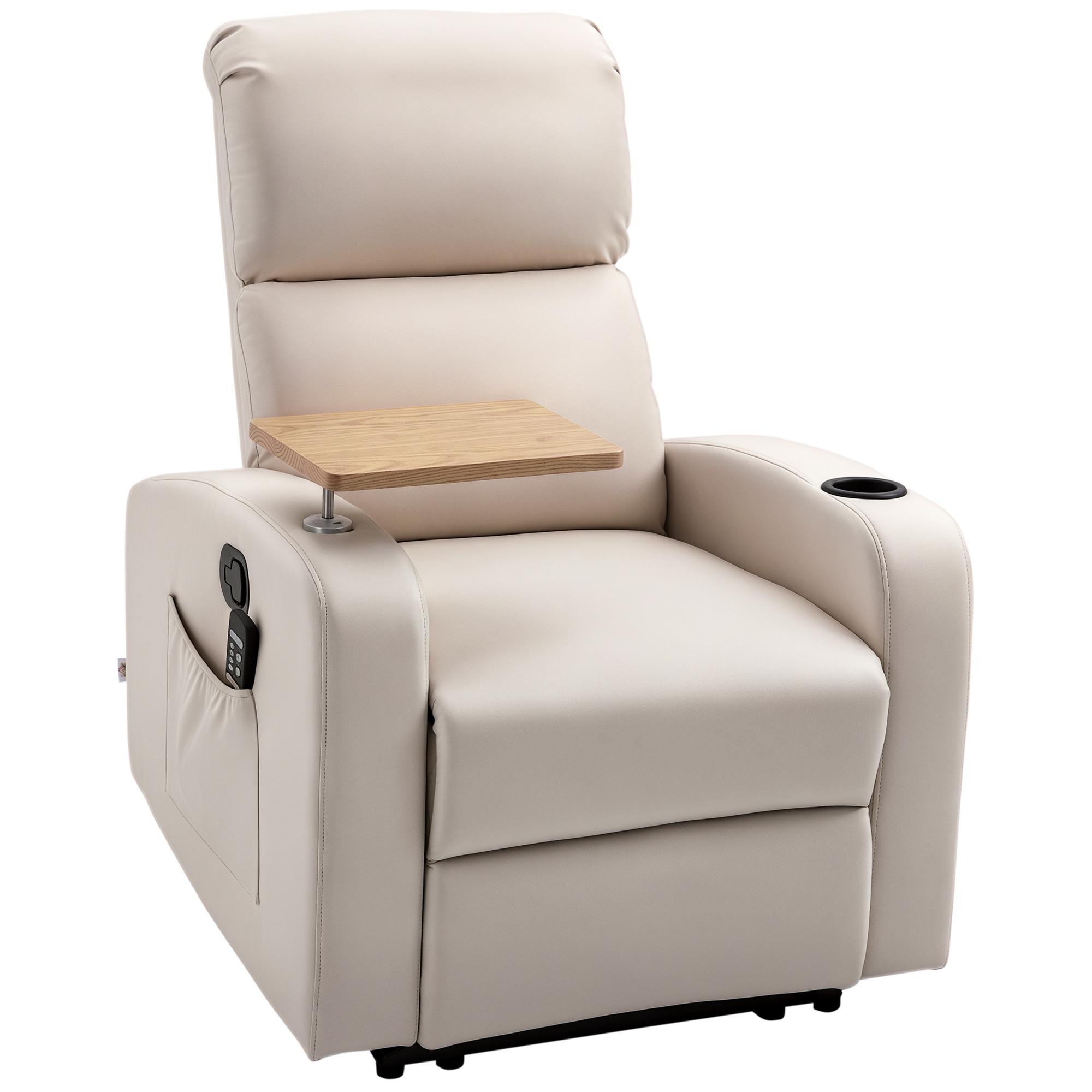Poltrona de Massagem Poltrona Relax Elétrica com 4 Modos de Vibração Reclinação 145° Estofada em Microfibra Controlo Remoto Mesa 2 Bolsos Laterais e Suporte para Copos 77x93x105cm Bege