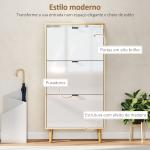 Sapateira Estreita com 3 Portas em Branco Brilhante Prateleiras Ajustáveis Pernas de Madeira para 18 Pares de Sapatos 60x24x127 cm