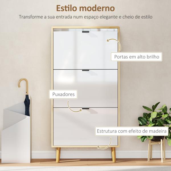 Sapateira Estreita com 3 Portas em Branco Brilhante Prateleiras Ajustáveis Pernas de Madeira para 18 Pares de Sapatos 60x24x127 cm