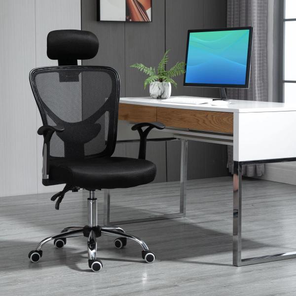 Cadeira de Escritório Ergonômica Cadeira de Escritório Giratória com Altura Ajustável Função Reclinável Apoio para a Cabeça e Suporte Lombar 65x67x108 - 118cm Preto